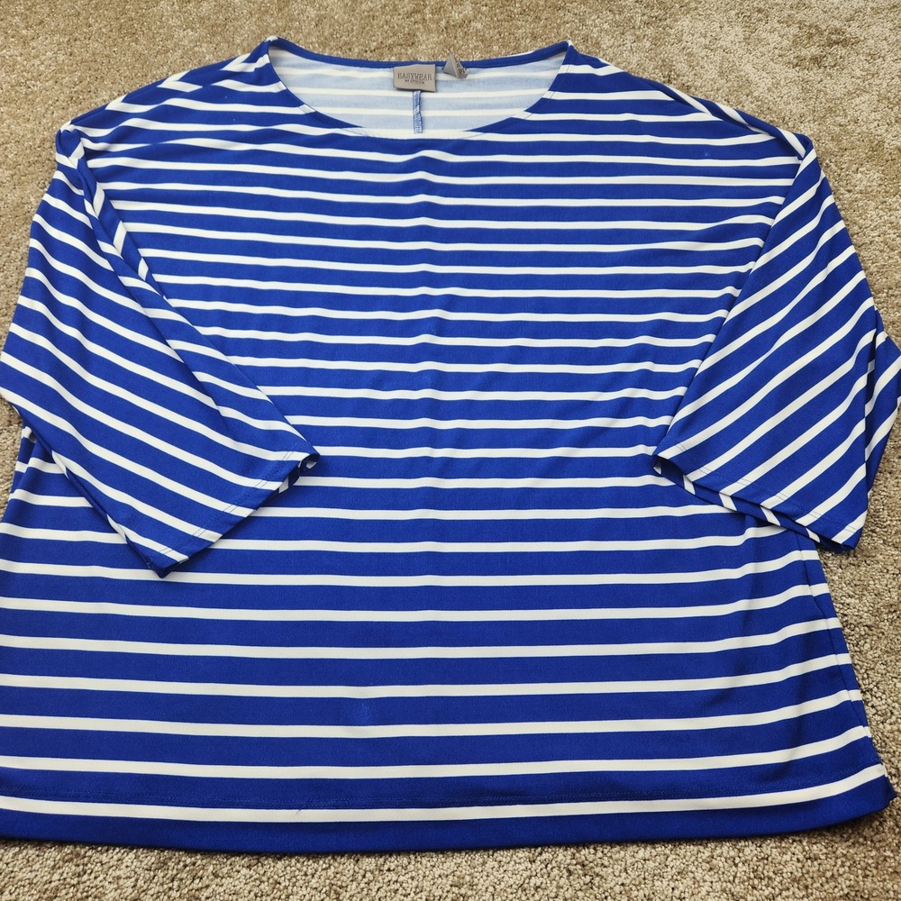 Easywear by Chico's Blue White Striped 3/4 Sleeve Boxy Top Size 2 L Large